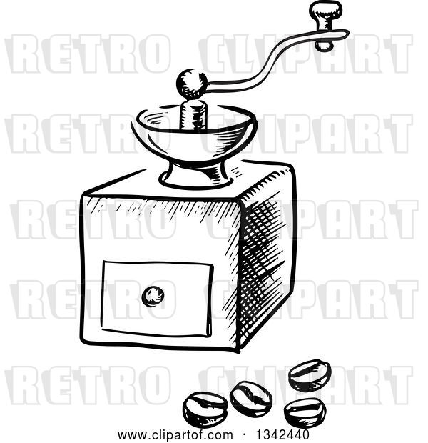Vector Clip Art of Retro Sketched Coffee Grinder and Beans