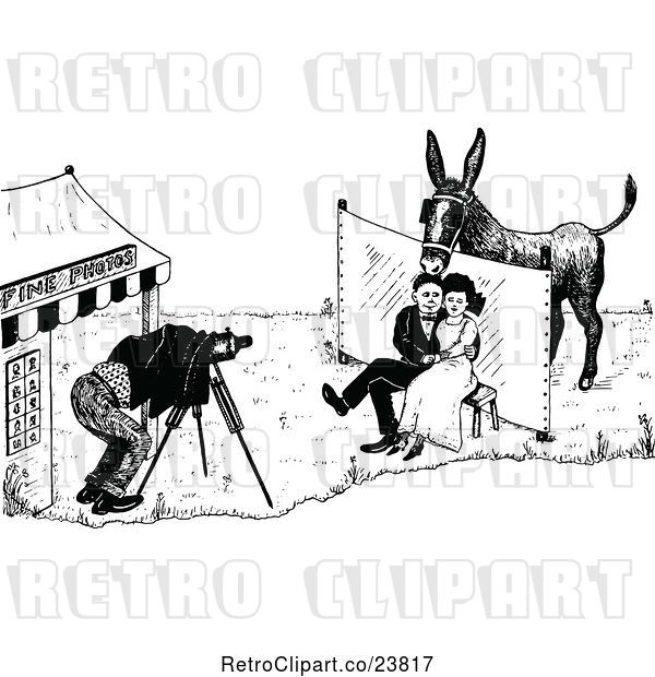 Vector Clip Art of Retro Sketched Couple Posing Under a Donkey