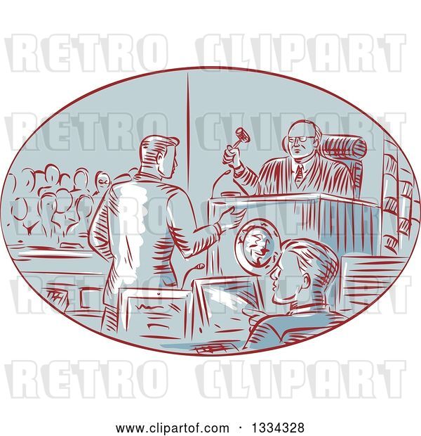 Vector Clip Art of Retro Sketched Courtroom Scene with a Judge, Defendant, Prosecuter, Jury and Attorney