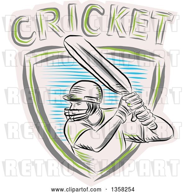 Vector Clip Art of Retro Sketched Cricket Batsman in a Shield with Text