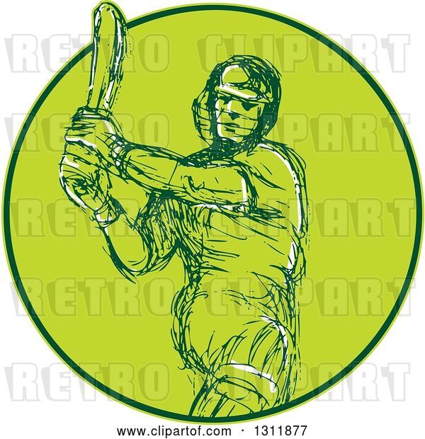 Vector Clip Art of Retro Sketched Cricket Batsman Swinging a Bat in a Green Circle