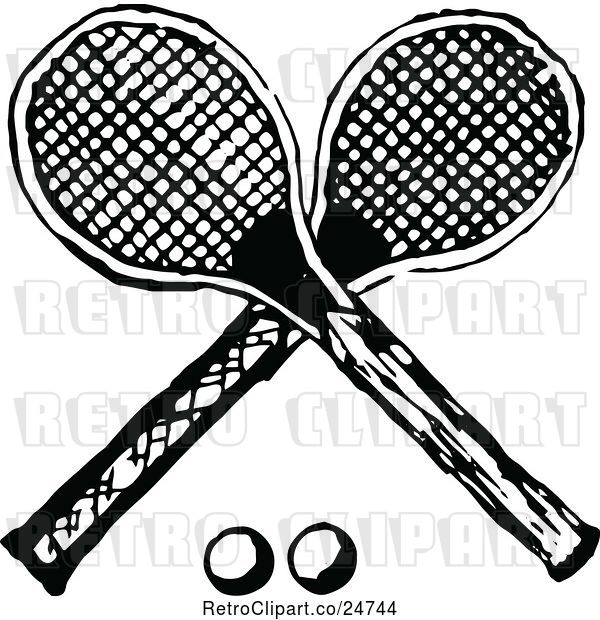 Vector Clip Art of Retro Sketched Crossed Tennis Racket and Ball Design