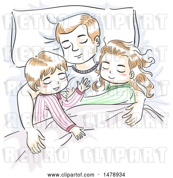 Vector Clip Art of Retro Sketched Dad and Children Sleeping