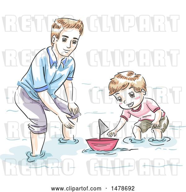 Vector Clip Art of Retro Sketched Dad and Son Playing with a Boat