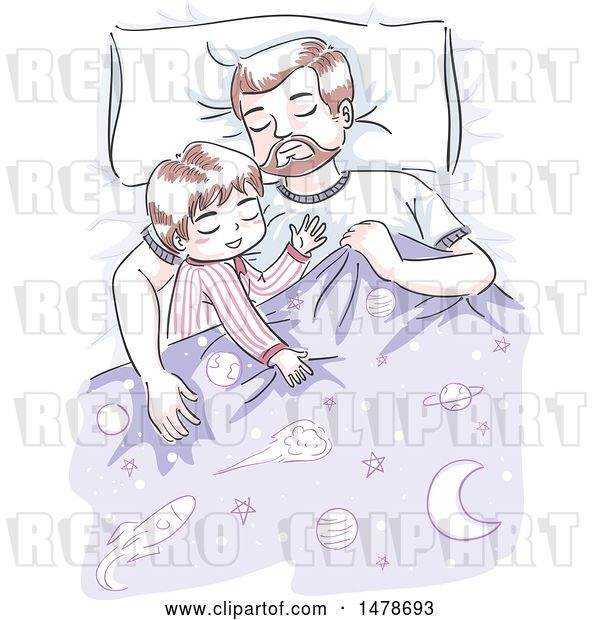 Vector Clip Art of Retro Sketched Dad and Son Sleeping