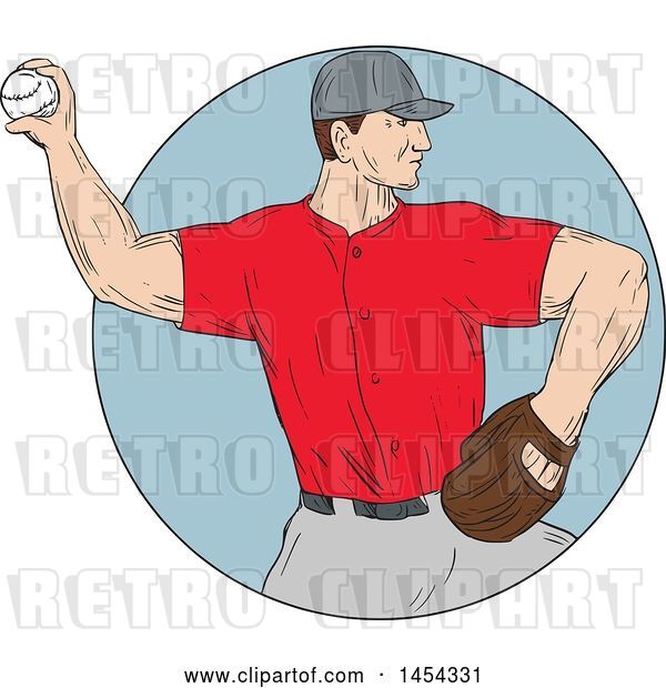 Vector Clip Art of Retro Sketched Drawing Male Baseball Player Pitching in a Circle
