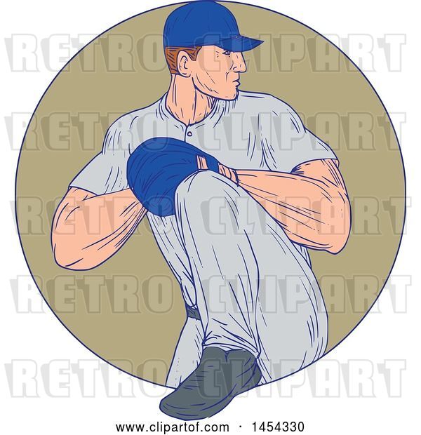 Vector Clip Art of Retro Sketched Drawing Male Baseball Player Pitching in a Tan Circle