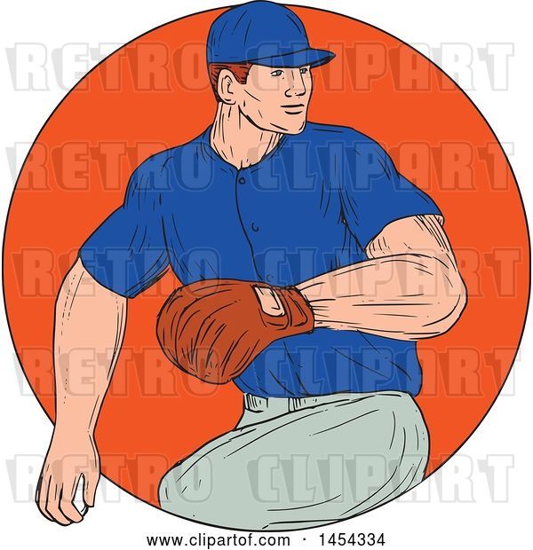 Vector Clip Art of Retro Sketched Drawing Male Baseball Player Pitching in an Orange Circle