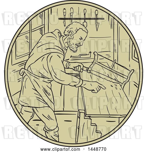 Vector Clip Art of Retro Sketched Drawing Styled Medieval Carpenter Holding Saw in His Workshop