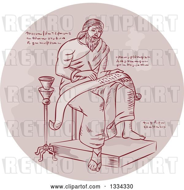 Vector Clip Art of Retro Sketched Evangelist, Prophet or Saint Writing on a Paper Scroll with Manuscript Cypher Text Code in a Circle