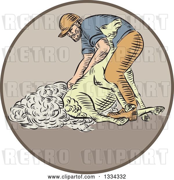 Vector Clip Art of Retro Sketched Farmer Shearing a Sheep in a Circle
