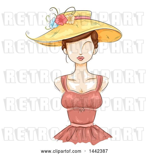 Vector Clip Art of Retro Sketched Female Mannequin with a Sun Hat and Bustier Dress