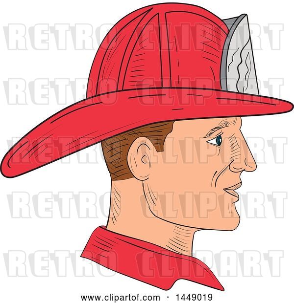 Vector Clip Art of Retro Sketched Fire Fighter Wearing a Helmet in Profile
