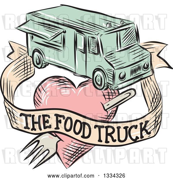 Vector Clip Art of Retro Sketched Food Truck with a Banner and Fork Through a Heart