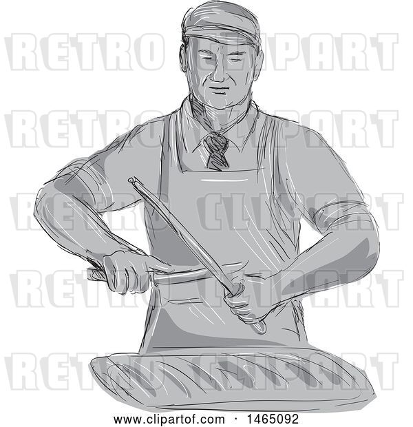 Vector Clip Art of Retro Sketched Grayscale Butcher Sharpening a Knife over a Cut of Meat