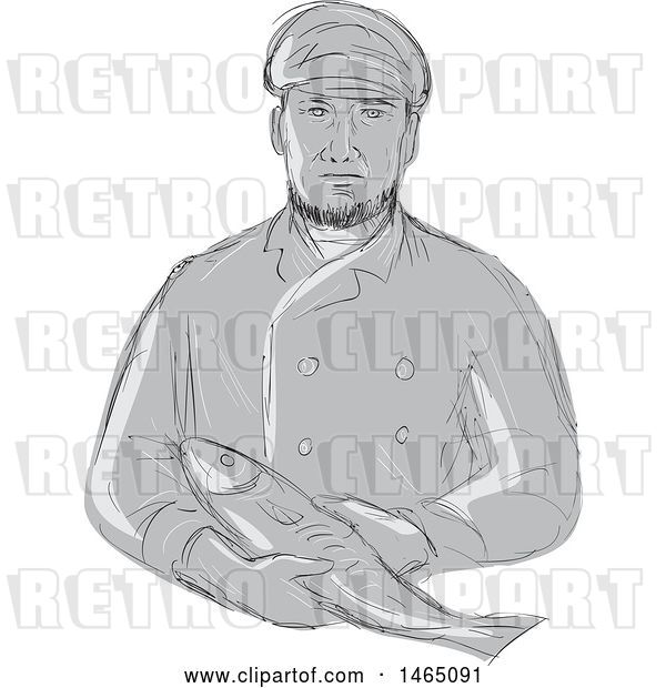 Vector Clip Art of Retro Sketched Grayscale Fishmonger Holding a Fish