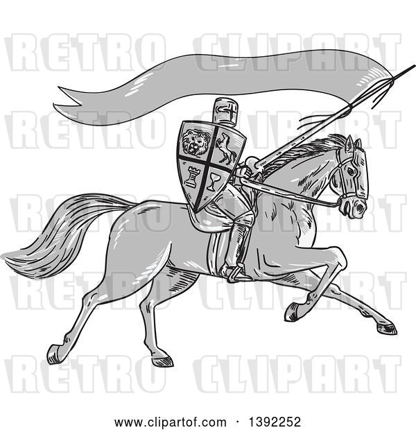 Vector Clip Art of Retro Sketched Grayscale Horseback Knight Holding a Lance, Shield and Flag