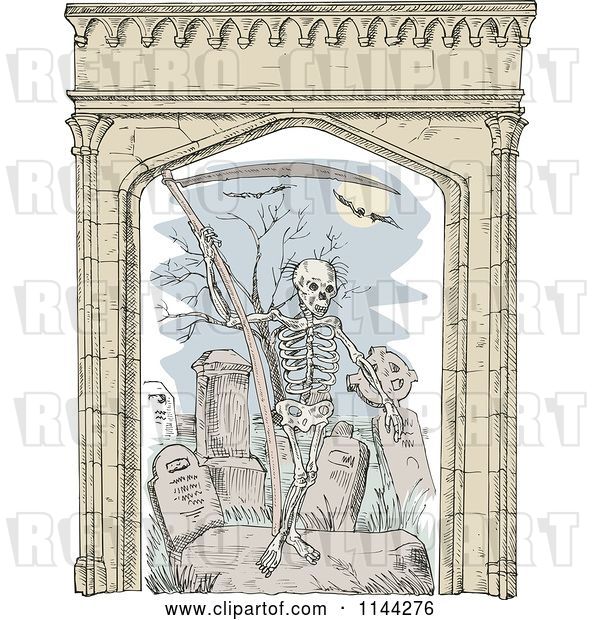 Vector Clip Art of Retro Sketched Grim Reaper in a Cemetery with an Arch Frame