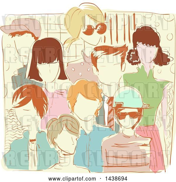 Vector Clip Art of Retro Sketched Group of People