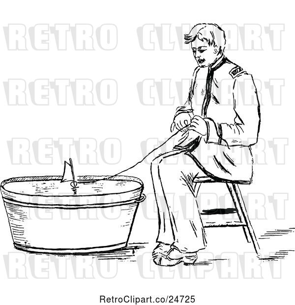 Vector Clip Art of Retro Sketched Guy Playing with a Boat in a Bucket