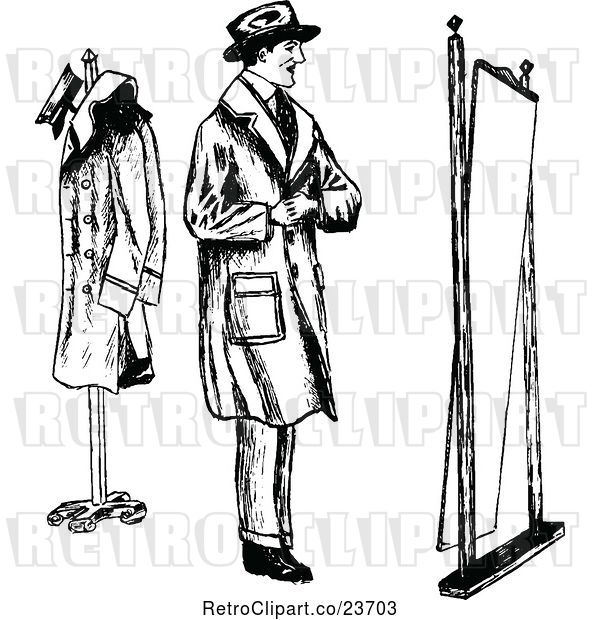 Vector Clip Art of Retro Sketched Guy Trying on a Coat