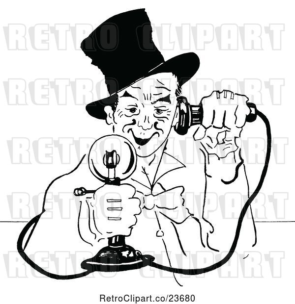 Vector Clip Art of Retro Sketched Guy Using a Candlestick Phone