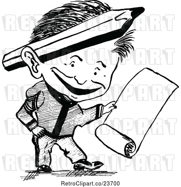 Vector Clip Art of Retro Sketched Guy with a Scroll