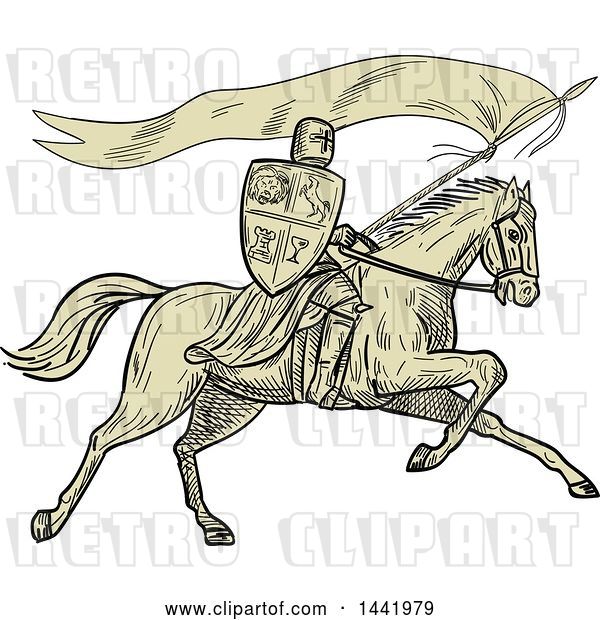 Vector Clip Art of Retro Sketched Horseback Knight Holding a Lance, Shield and Flag