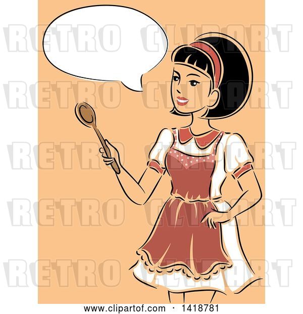 Vector Clip Art of Retro Sketched Housewife Wearing an Apron, Talking and Holding a Spoon