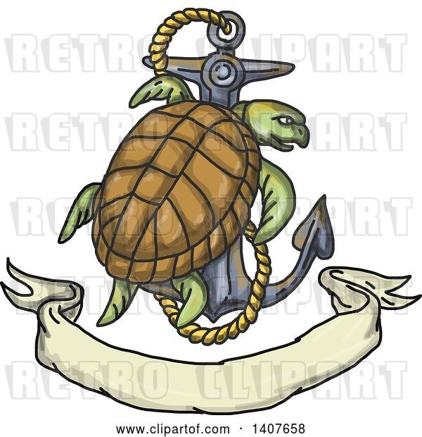 Vector Clip Art of Retro Sketched Kemp's Ridley Sea Turtle Climbing on an Anchor, with Rope over a Banner