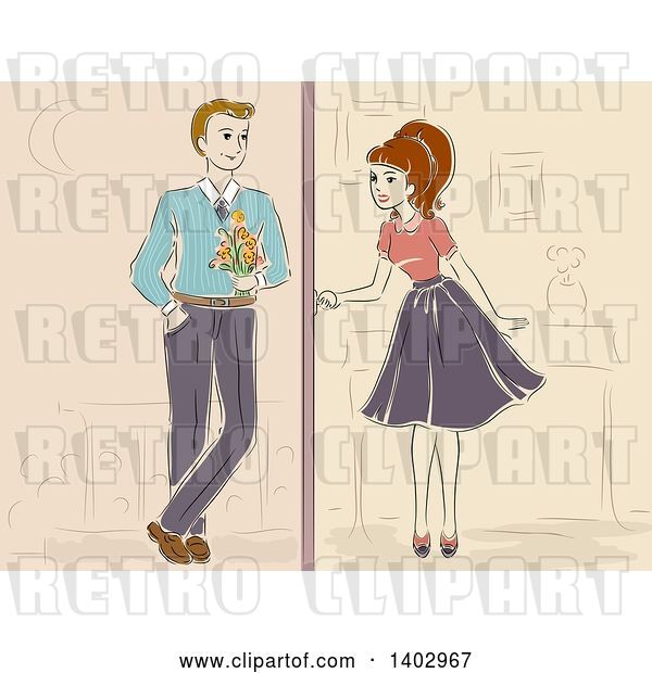Vector Clip Art of Retro Sketched Lady Meeting for a Date
