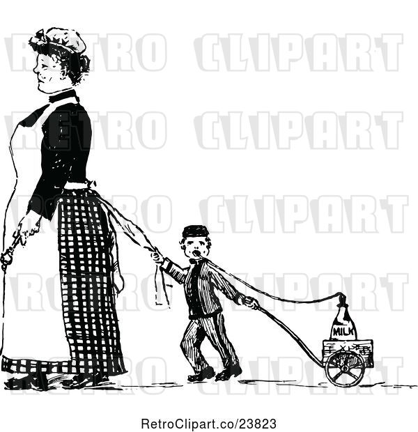 Vector Clip Art of Retro Sketched Maid and Boy Pulling a Milk Wagon