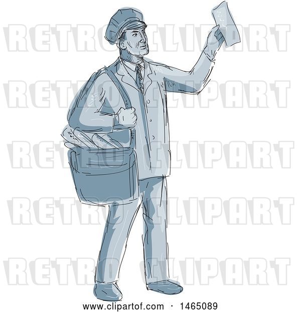 Vector Clip Art of Retro Sketched Mailman Holding up an Envelope