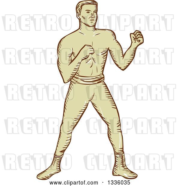 Vector Clip Art of Retro Sketched Male Boxer Ready to Fight