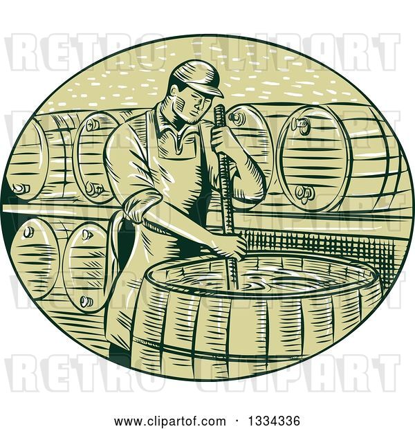 Vector Clip Art of Retro Sketched Male Brewmaster Stirring Beer Brew in a Kettle Barrel