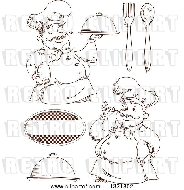 Vector Clip Art of Retro Sketched Male Chefs and Accessories