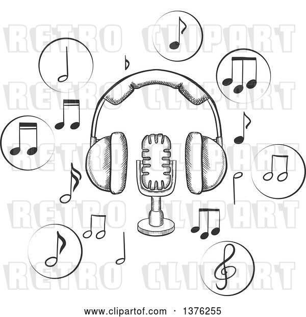 Vector Clip Art of Retro Sketched Microphone and Earphones Surrounded by Circular Icons with Music Notes