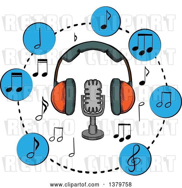 Vector Clip Art of Retro Sketched Microphone, Headphones and Music Notes