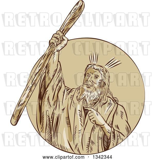 Vector Clip Art of Retro Sketched Moses Raising His Staff Rod to Part the Red Sea, Emerging from a Circle