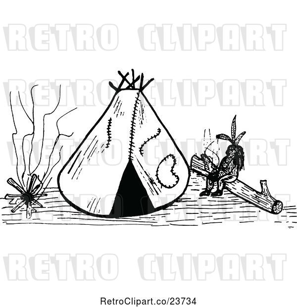 Vector Clip Art of Retro Sketched Native American, Fire and Tipi