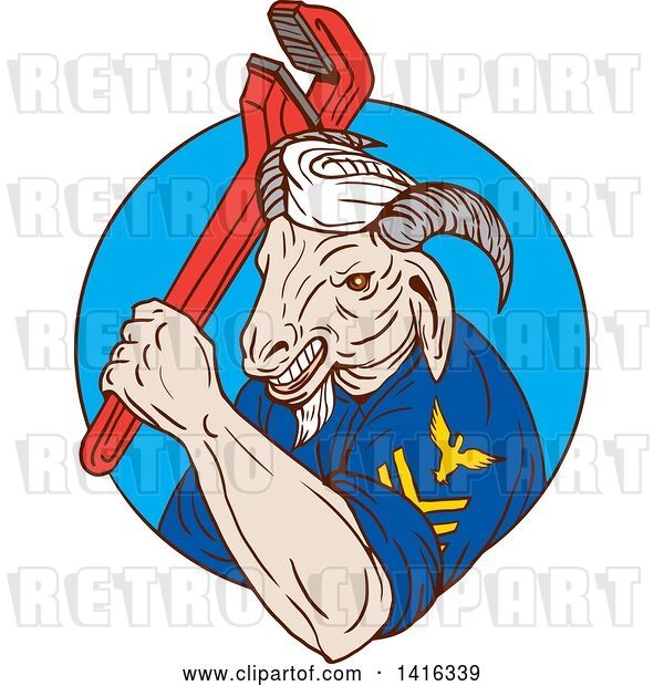 Vector Clip Art of Retro Sketched Navy Goat Guy Holding Pipe Monkey Wrench in a Blue Circle