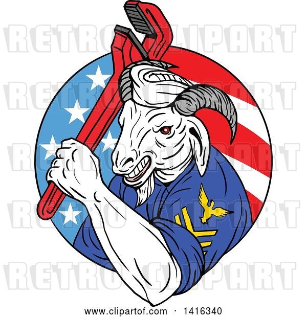 Vector Clip Art of Retro Sketched Navy Goat Guy Holding Pipe Monkey Wrench in an American Circle