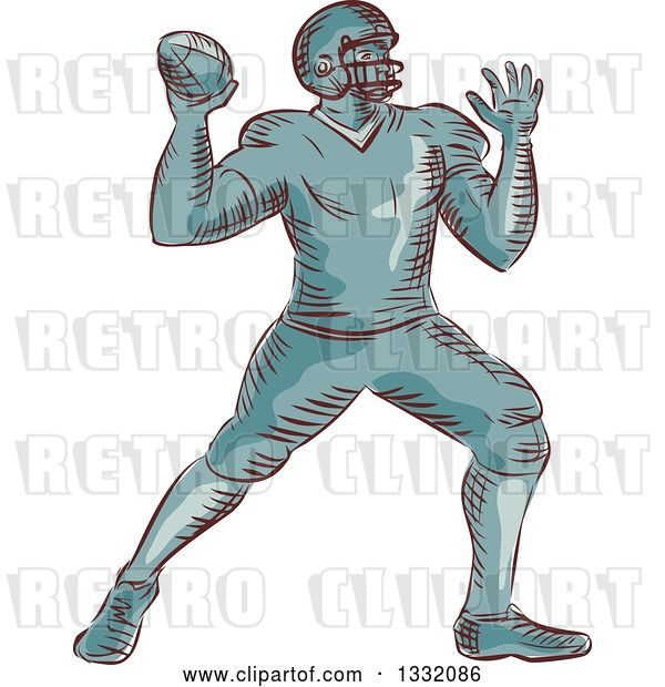 Vector Clip Art of Retro Sketched or Engraved American Football Player Throwing