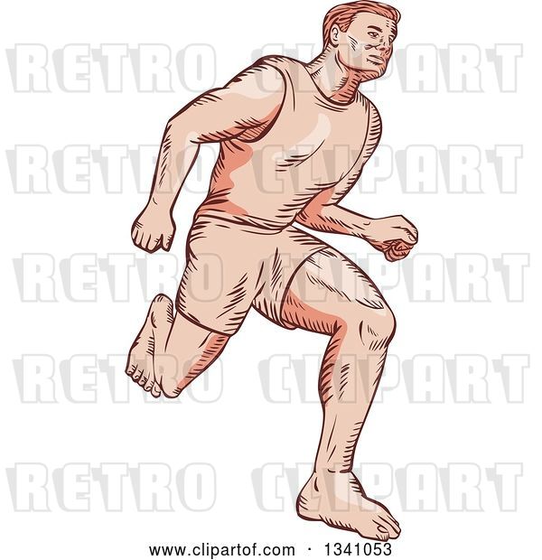 Vector Clip Art of Retro Sketched or Engraved Barefoot Male Marathon Runner
