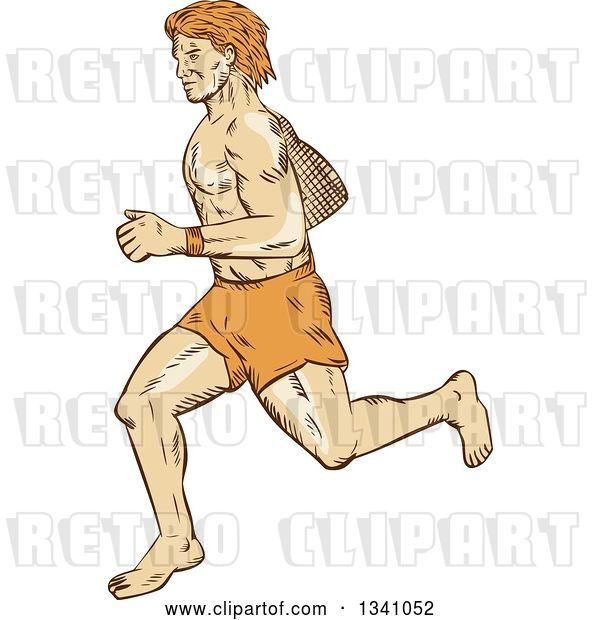 Vector Clip Art of Retro Sketched or Engraved Barefoot Male Runner