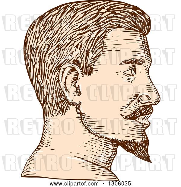 Vector Clip Art of Retro Sketched or Engraved Brown and Tan Profiled Guy's Face with a Goatee