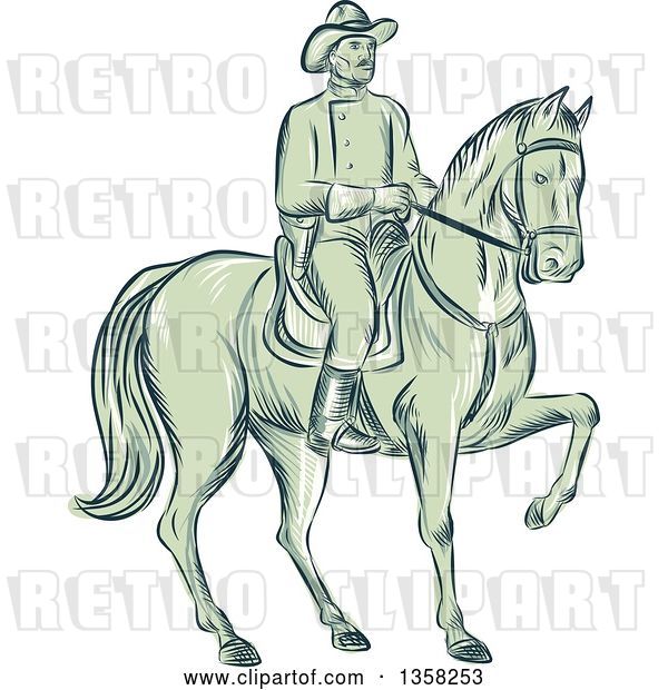 Vector Clip Art of Retro Sketched or Engraved Calvary Soldier on Horseback