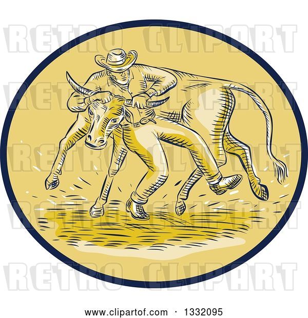 Vector Clip Art of Retro Sketched or Engraved Cowboy Wrestling a Bull in a Brown and Tan Oval