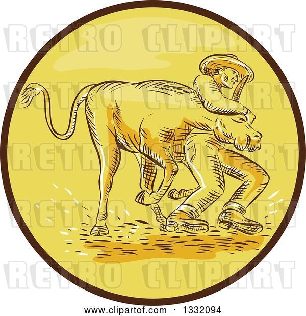 Vector Clip Art of Retro Sketched or Engraved Cowboy Wrestling a Bull in a Brown and Yellow Circle