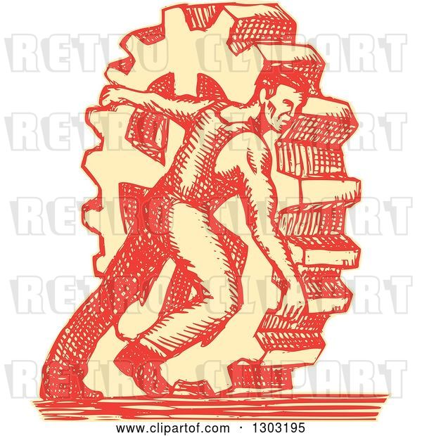 Vector Clip Art of Retro Sketched or Engraved Factory Worker Rolling a Giant Gear Cog Wheel